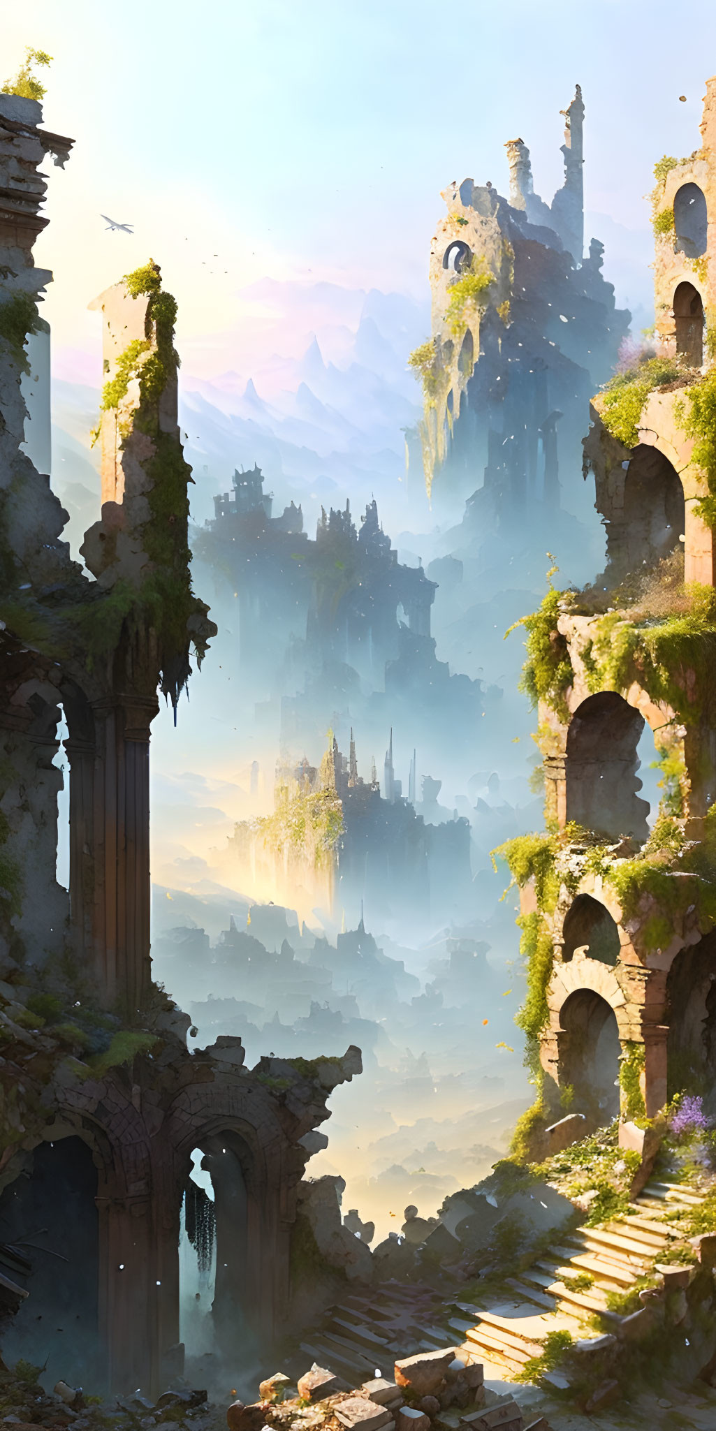 Ancient ruin with overgrown vegetation, ghostly figure, mountains, and fog