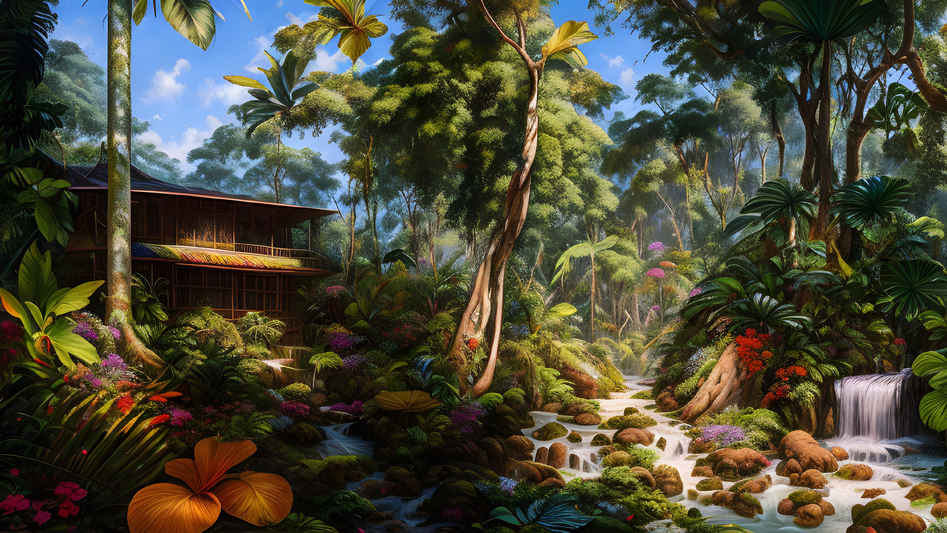 Lush Jungle Scene with Waterfall and Cabin