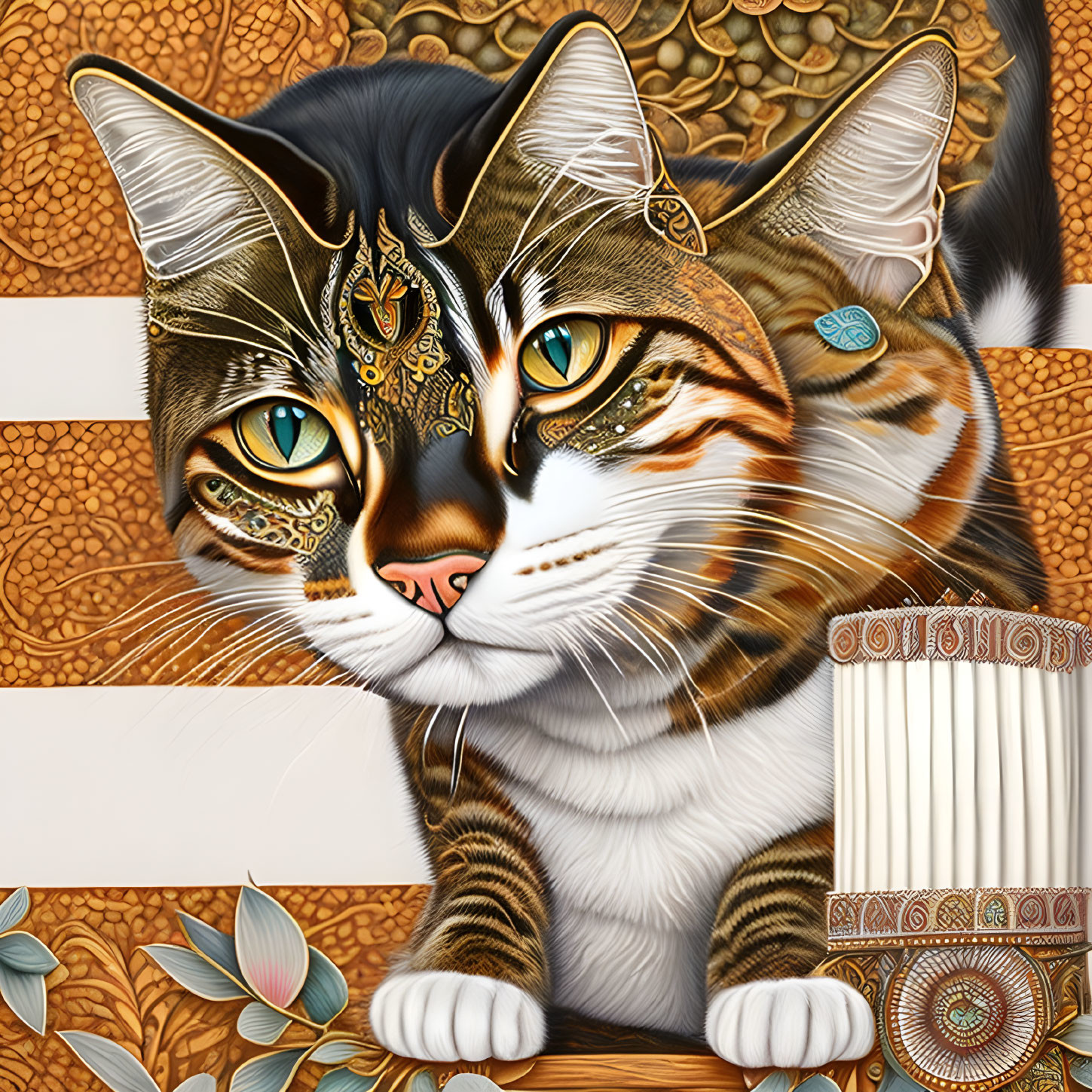 Detailed digital artwork: Cat with intricate patterns and jewels on face against golden background