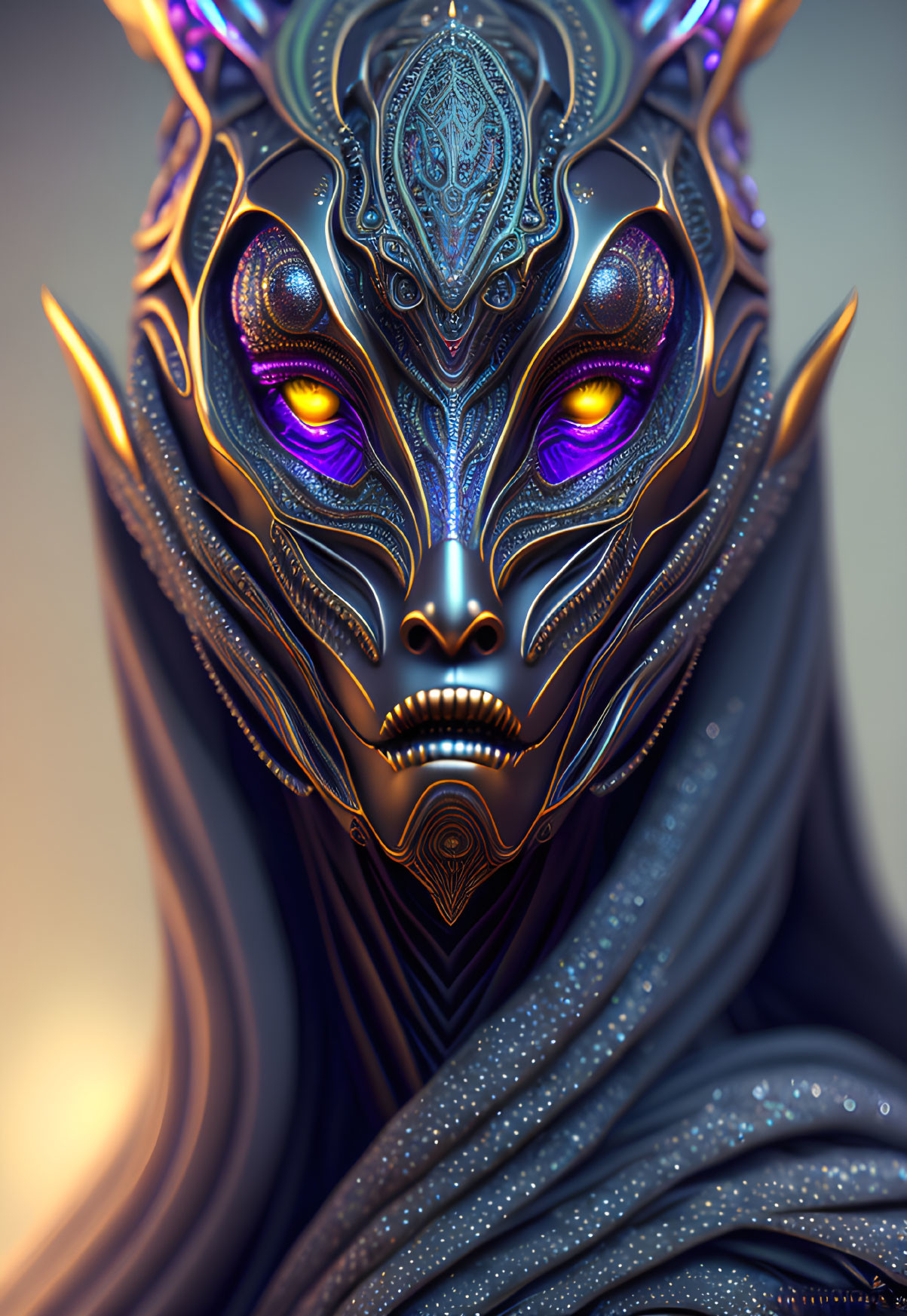 Detailed metallic alien mask with purple glowing eyes and intricate engravings