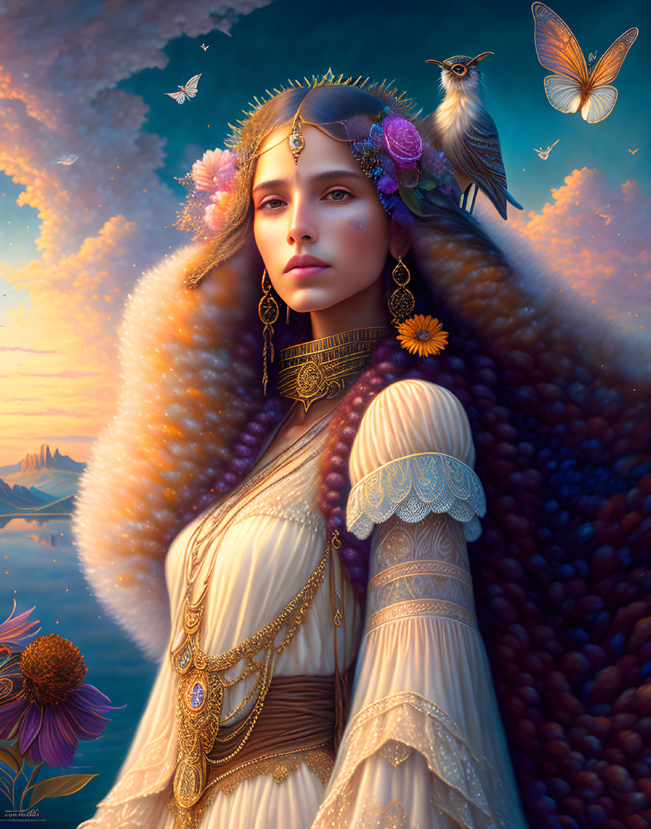 Regal Woman with Gold Jewelry, Bird, Butterflies, Sunset, and Flowers