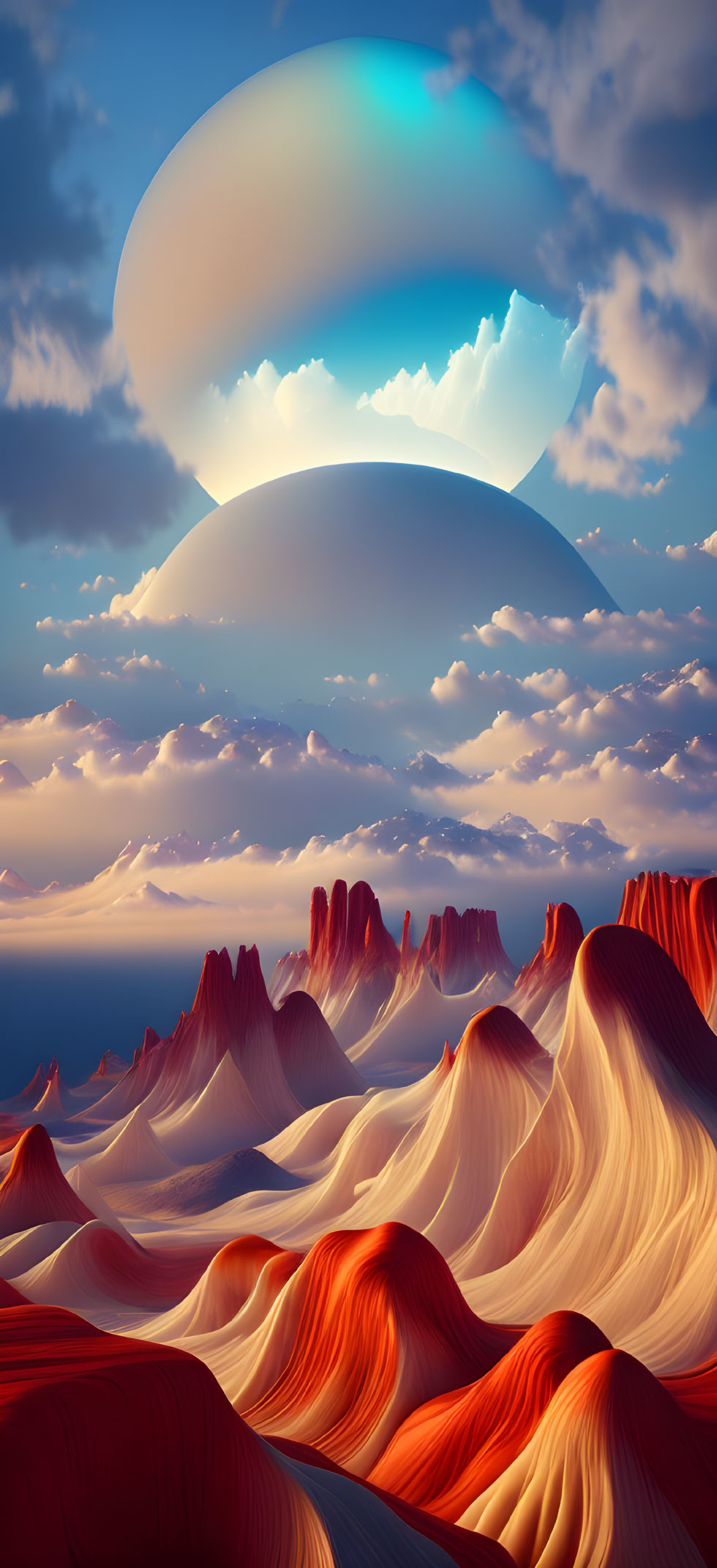 Surreal landscape with red and white striped hills under glowing crescent anomaly