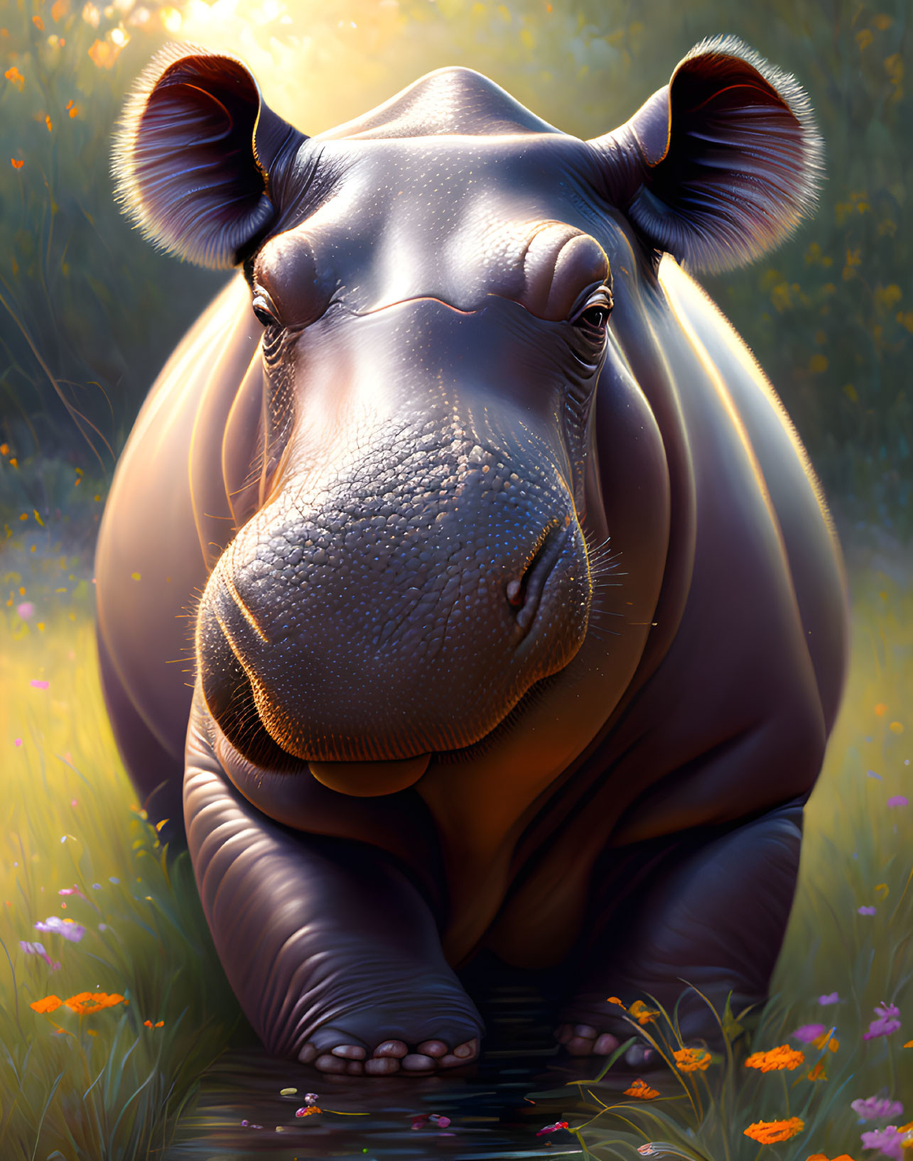 Tranquil hippopotamus in sunlit field with flowers