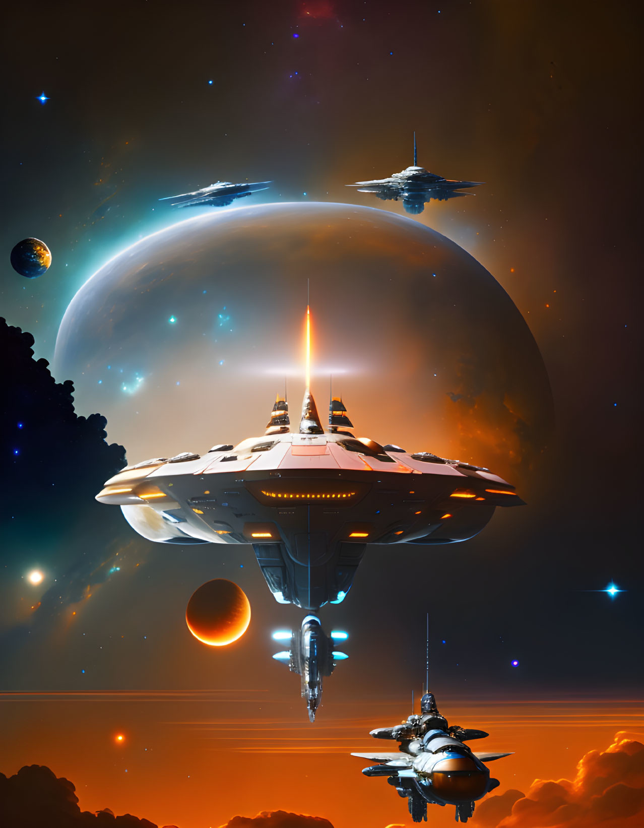 Spaceships hover over alien planet with orange sky, moons, and stars