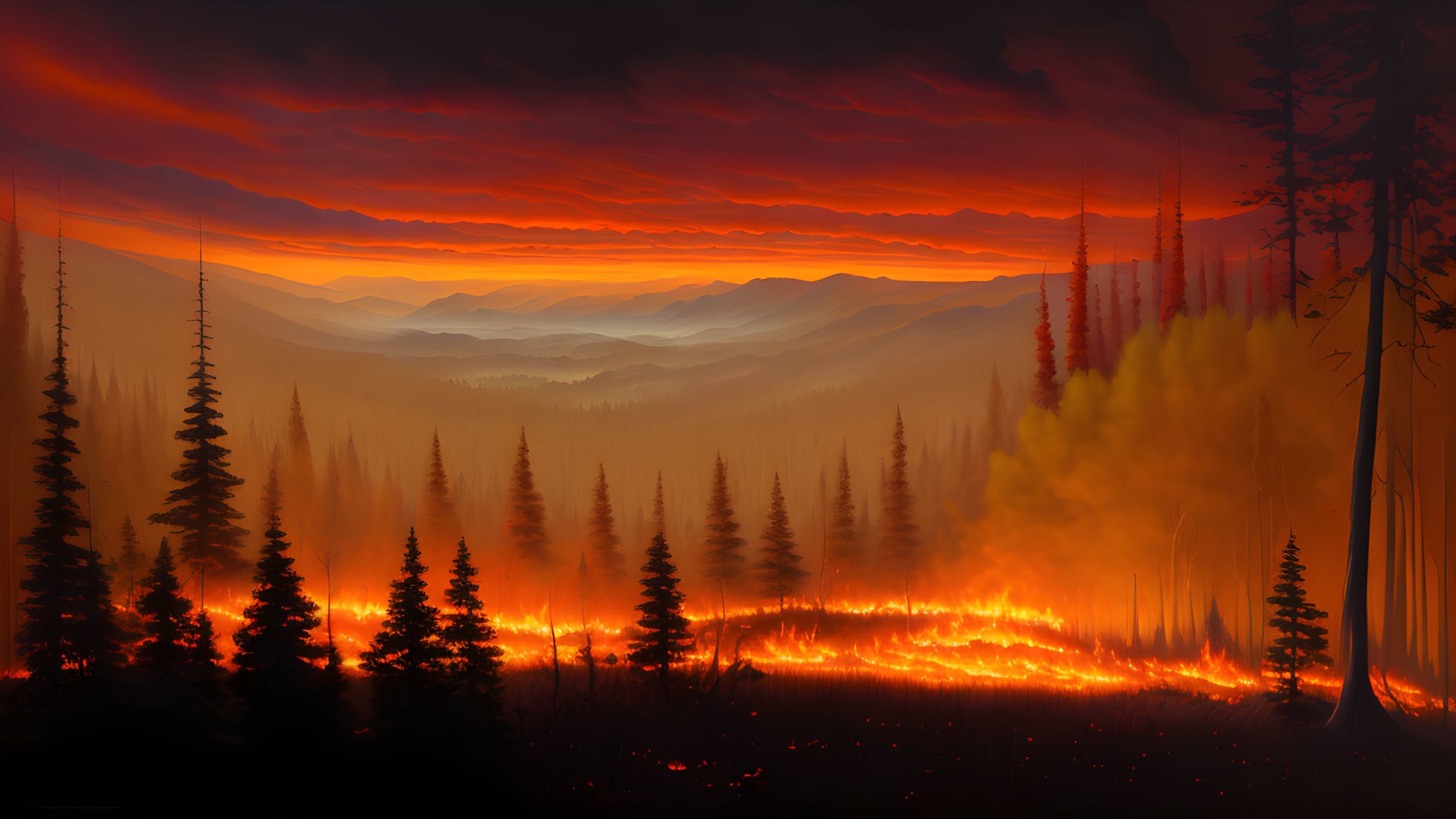 Dramatic forest fire scene under red and orange sunset sky