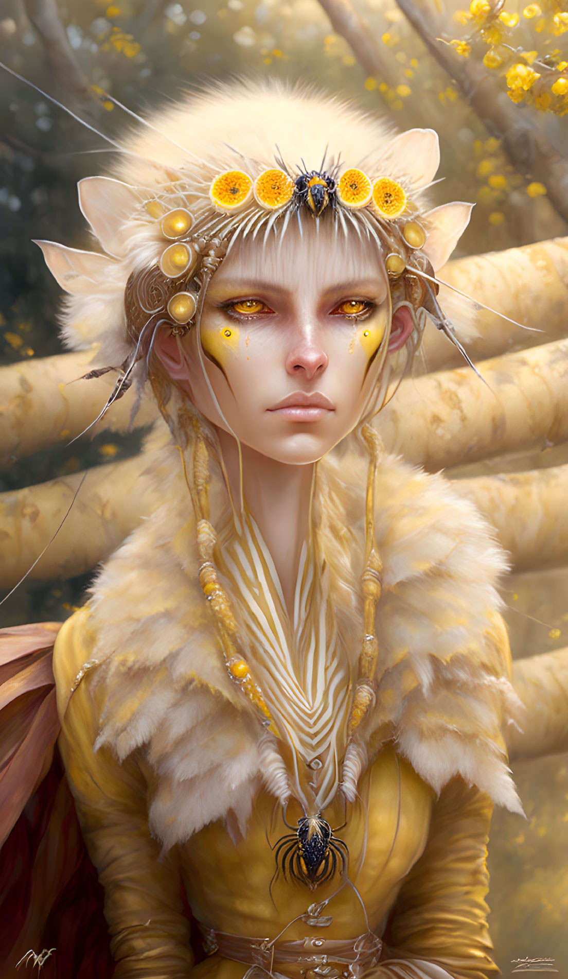 Mystical character with golden eyes and sun-like adornments in yellow attire among yellow flora