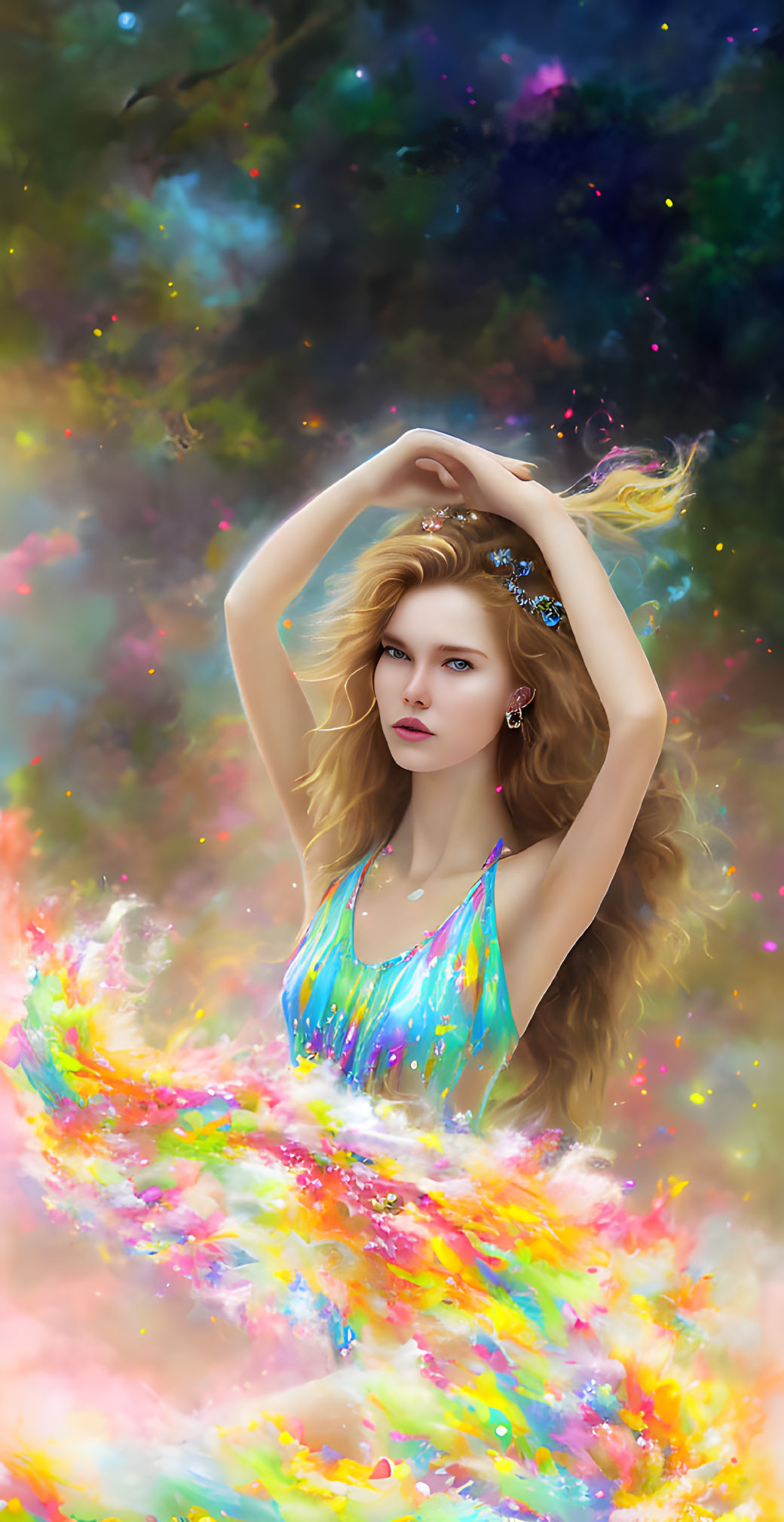 Ethereal woman in colorful dress surrounded by swirling abstract colors