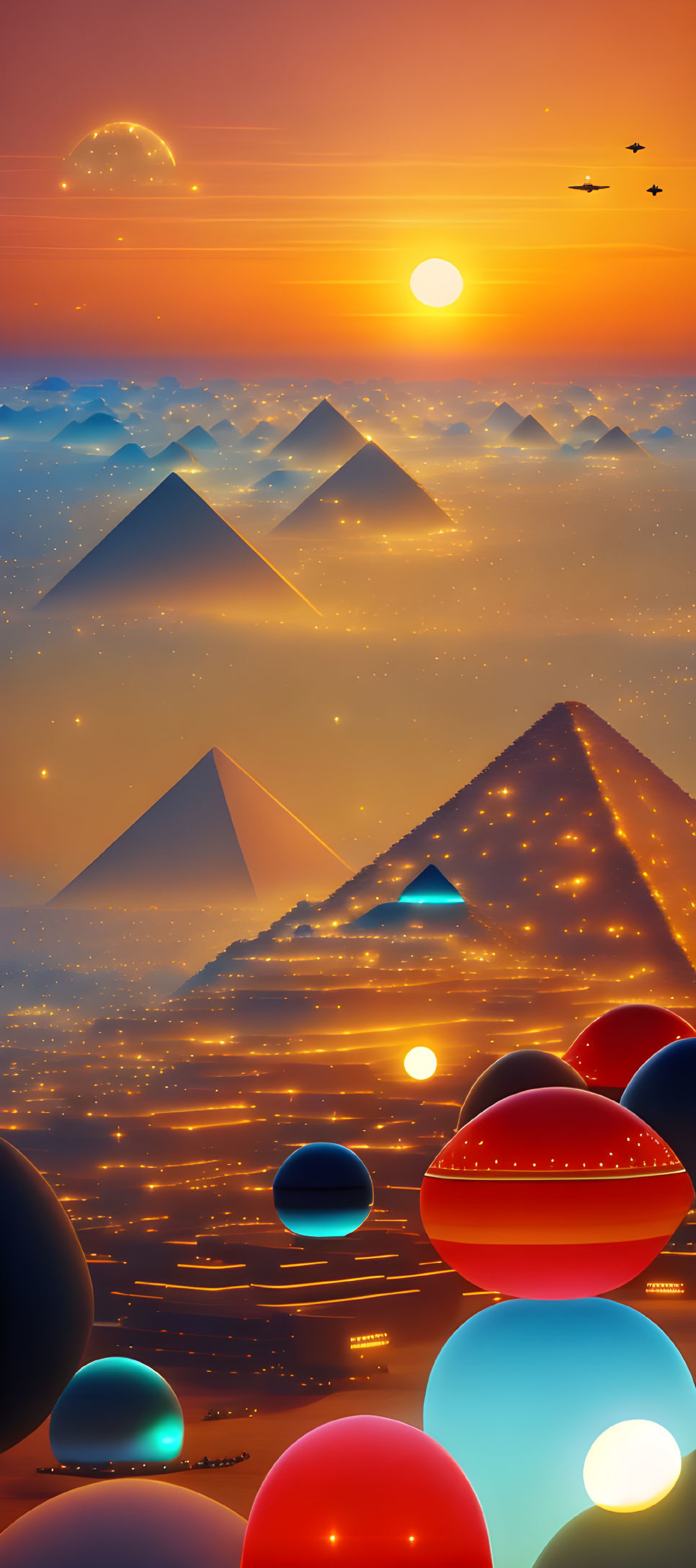 Surreal landscape with pyramids, glowing orbs, and birds at sunset