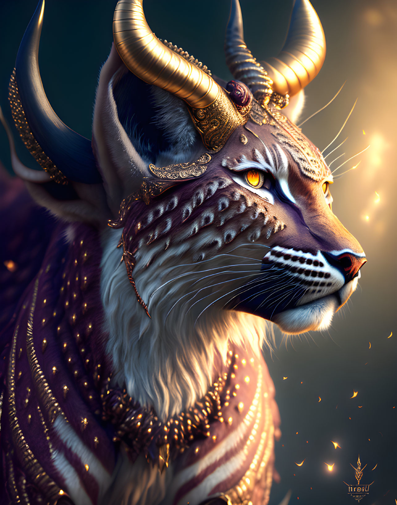 Majestic tiger-headed fantasy creature with gold ornaments and horns in a moody setting