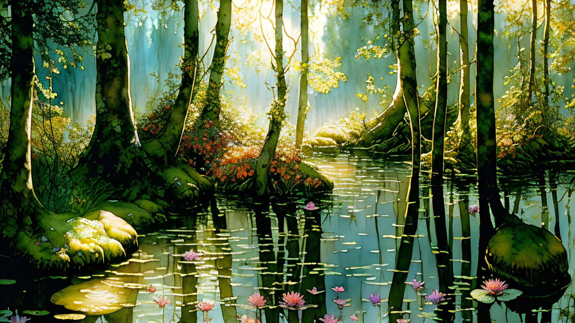 Tranquil forest scene with tall trees, lush ferns, and blooming water lilies