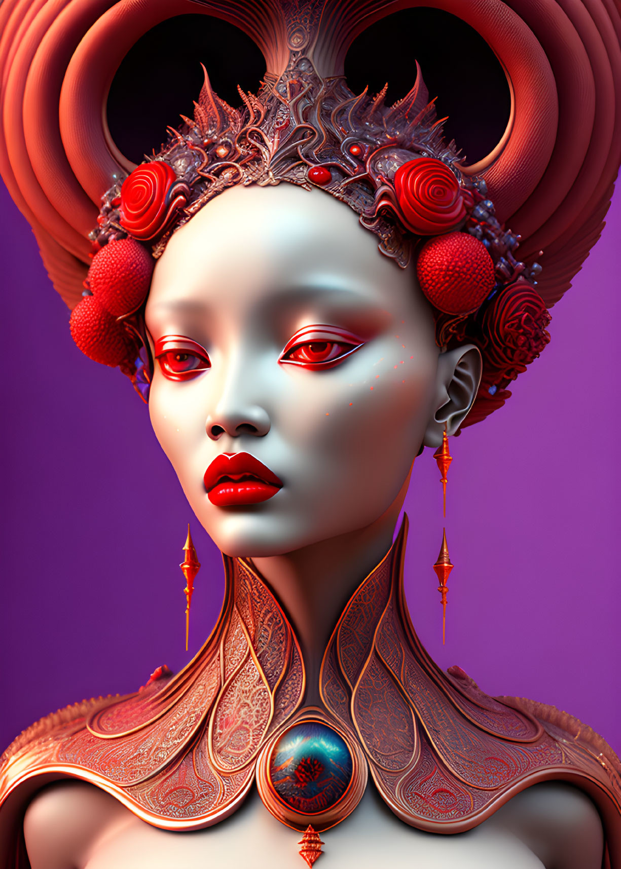 Digital artwork featuring female figure with red and gold adornments, intricate headdress, glowing eyes, and