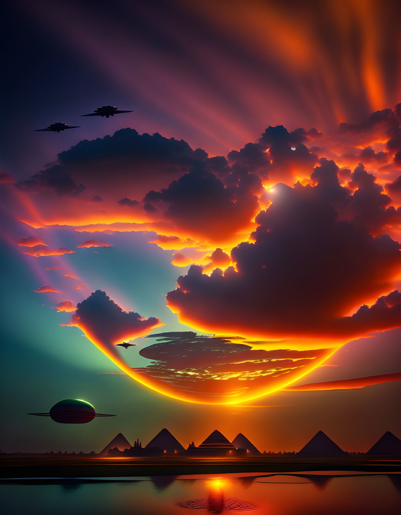 Colorful sunset with dramatic clouds, pyramid silhouette, radiant beam, and spacecrafts.