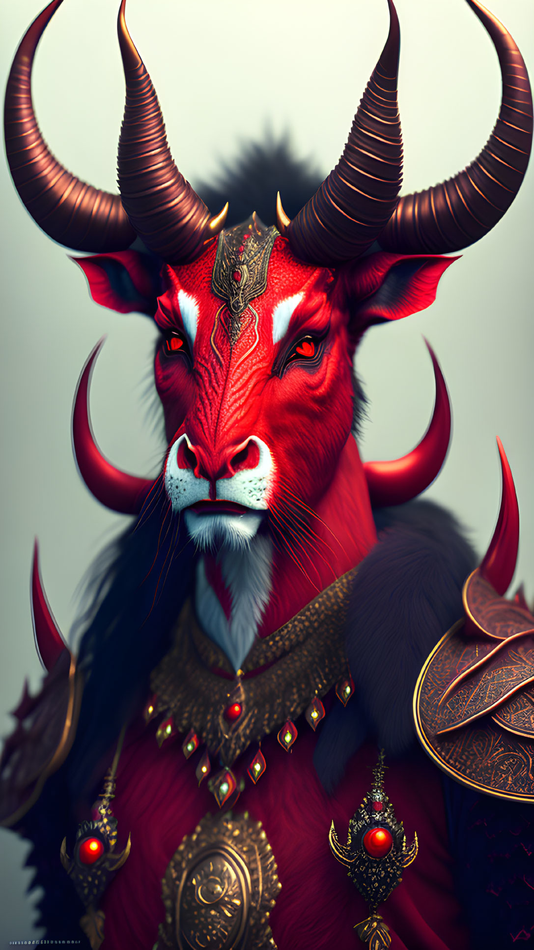 Detailed portrait of majestic red bull creature with ornate horns, headpiece, jewelry, and armor.