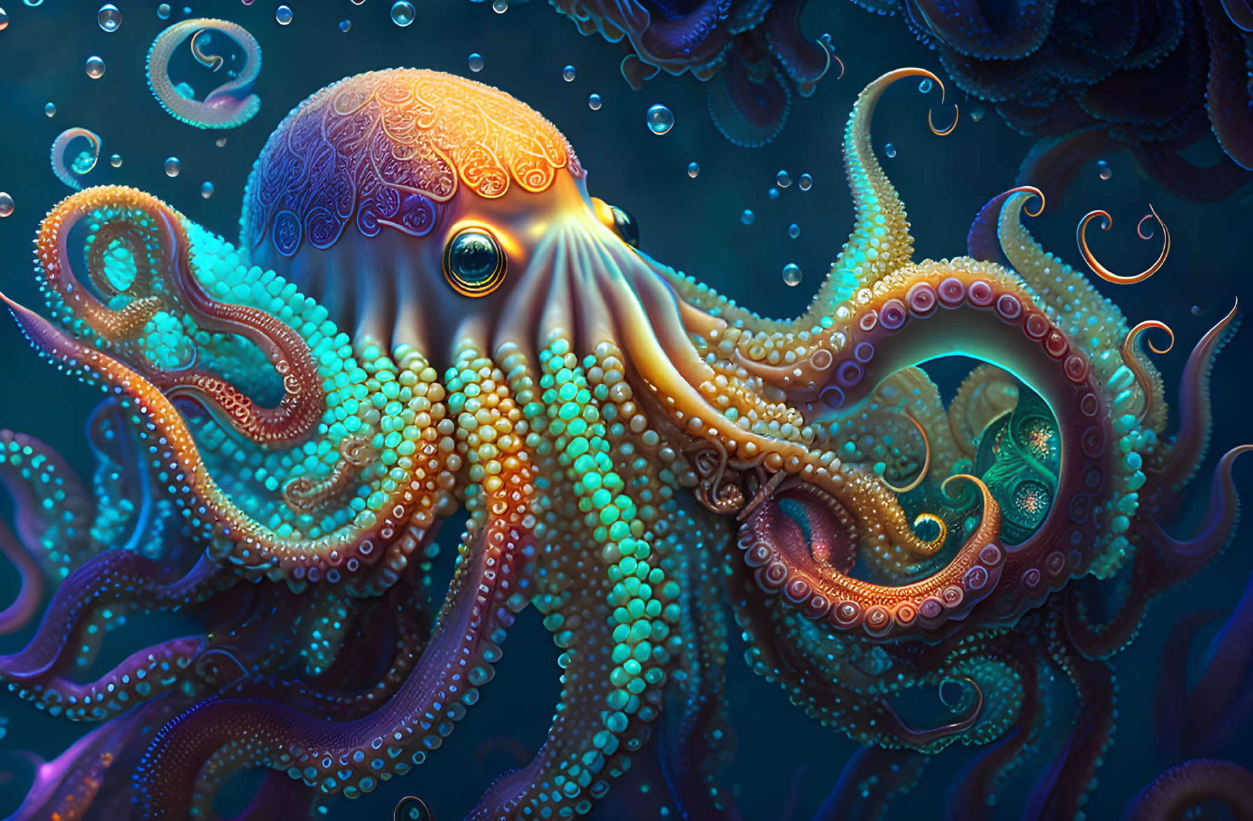 Vibrant octopus digital art with intricate tentacle patterns in underwater scene