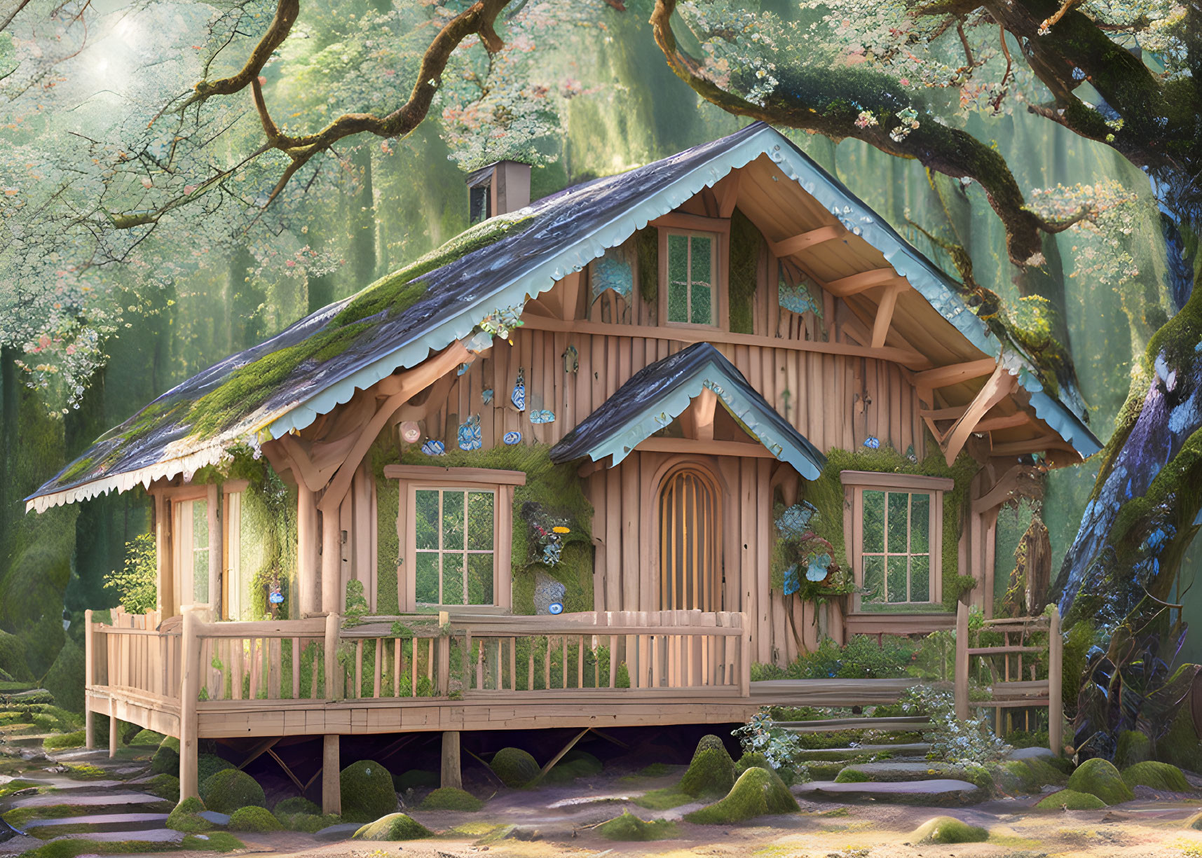 Wooden cottage with moss-covered roof in enchanting forest surrounded by blooming trees