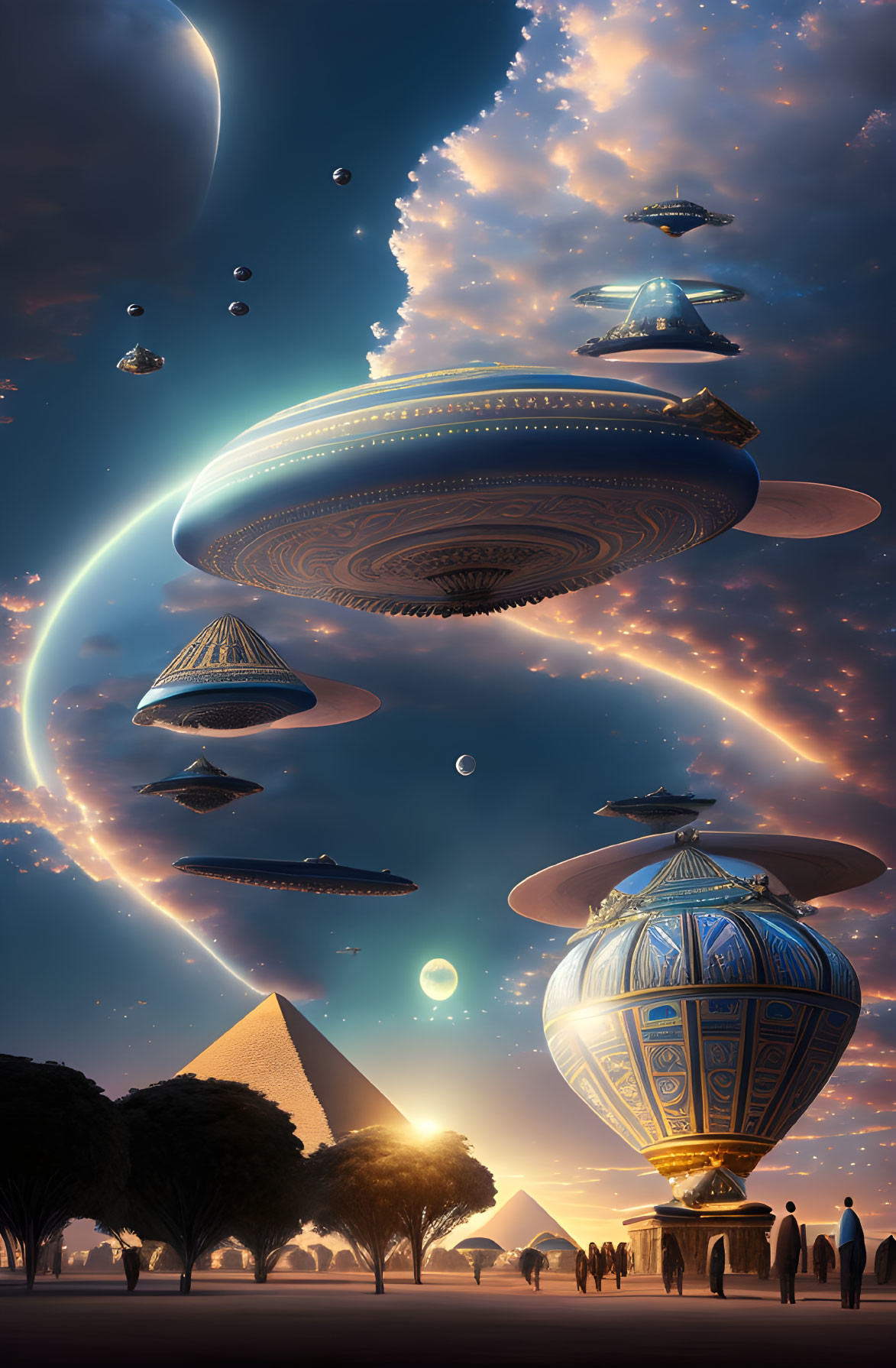 Fantastical scene: Flying saucers over pyramids with giant planet and silhouetted