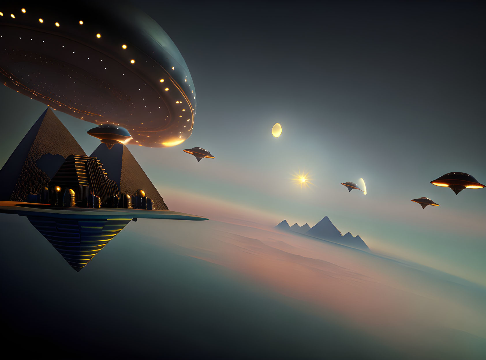 Futuristic landscape with hovering mothership, pyramids, and twilight sky