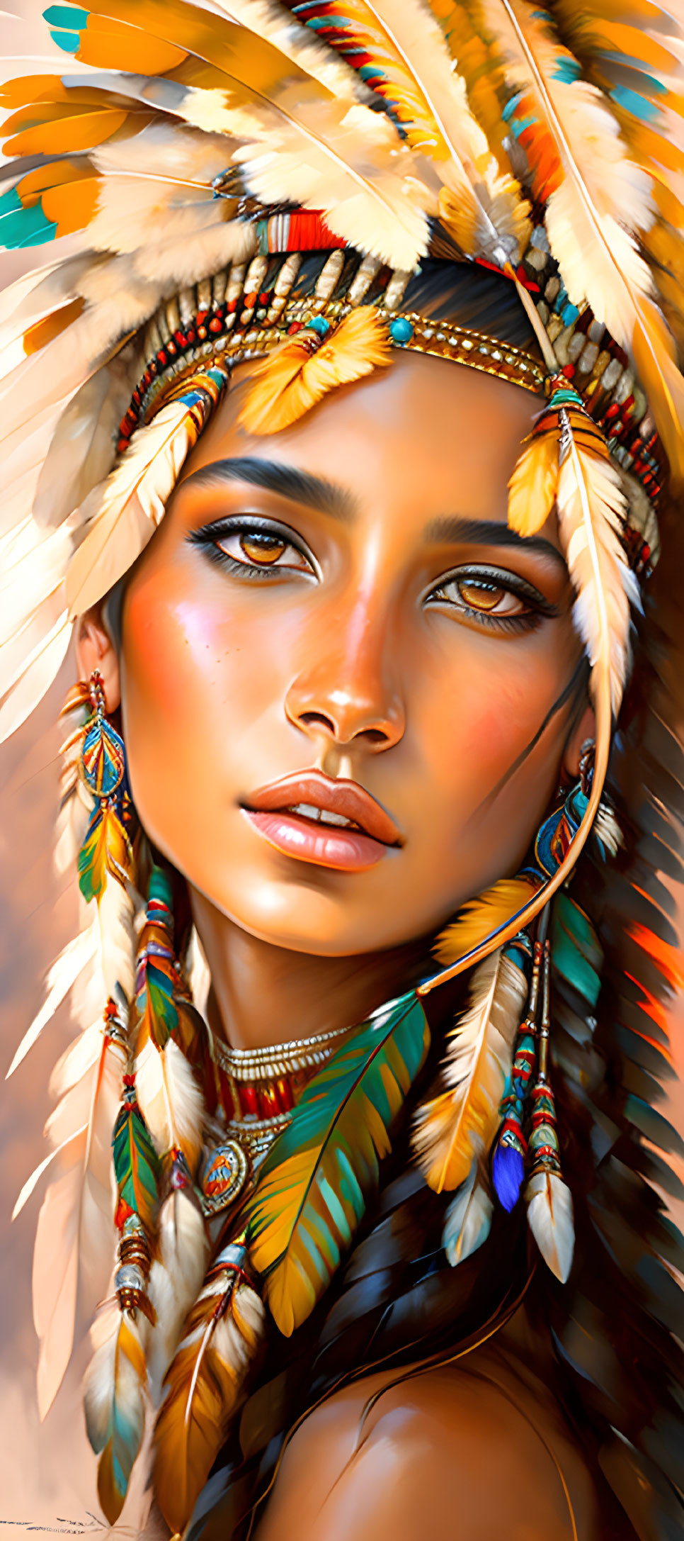 Detailed Artistic Depiction of Woman in Native American Headdress