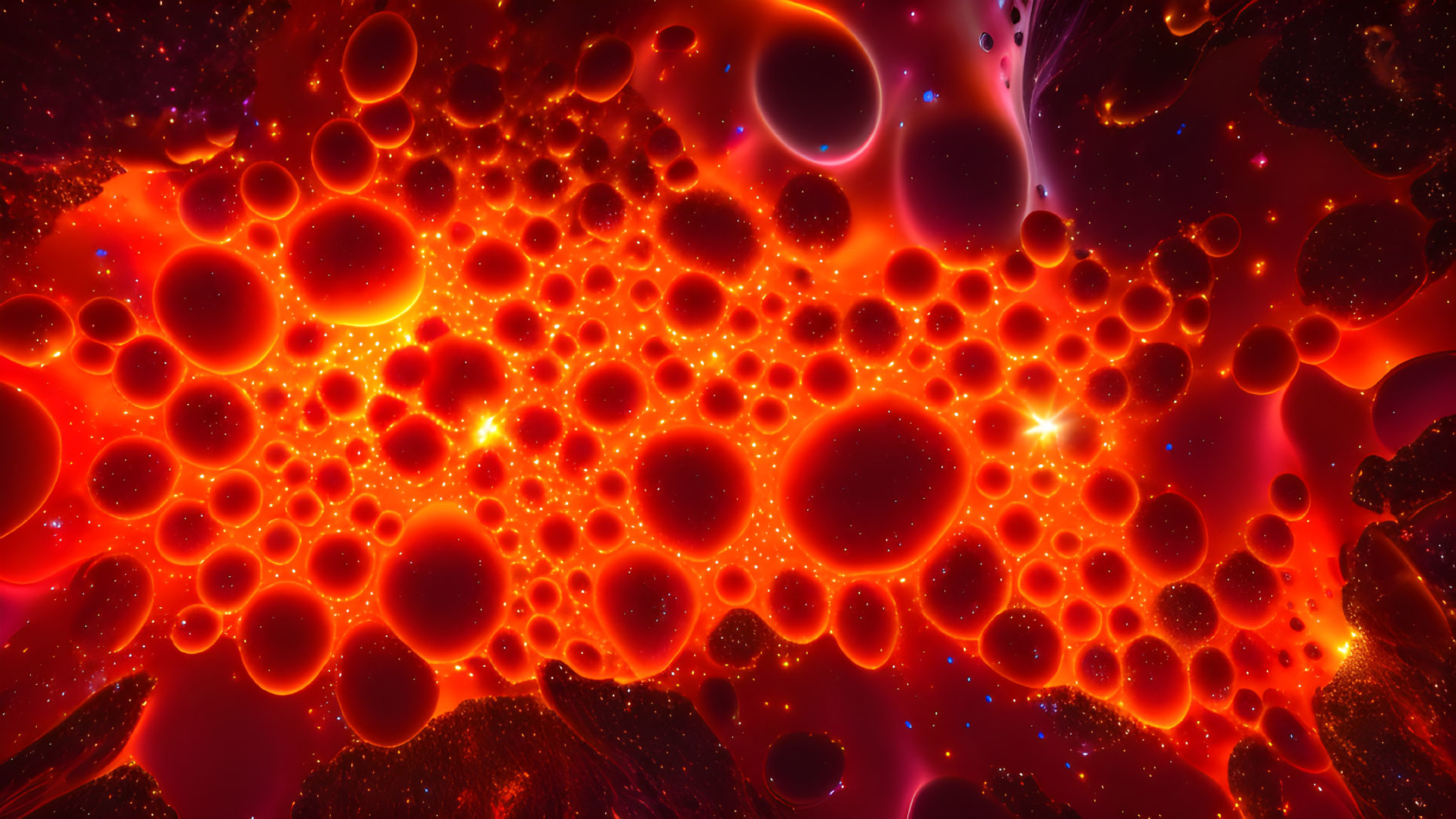 Colorful Abstract Art: Interconnected Red and Orange Bubbles on Dark Background