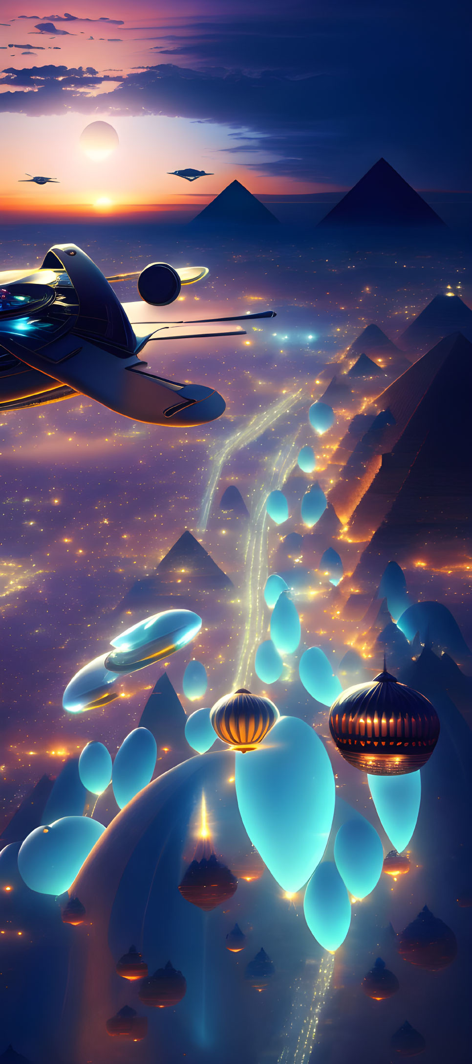 Futuristic aircraft over glowing orbs, pyramids, and hot air balloons at sunset