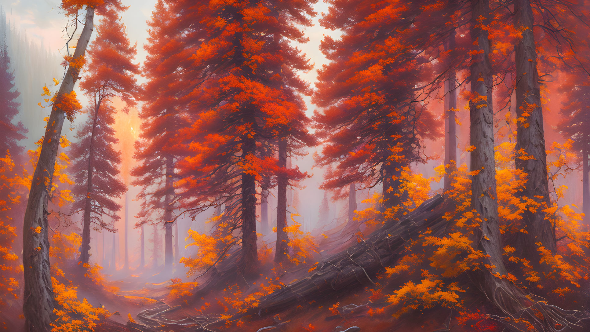 Tranquil autumn forest with tall orange trees and warm light