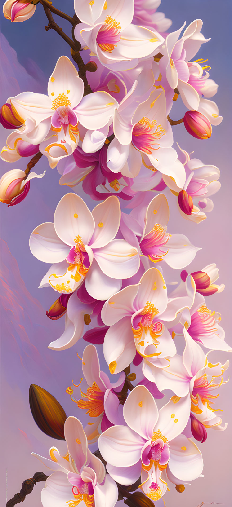 Detailed pink orchids illustration on soft purple background