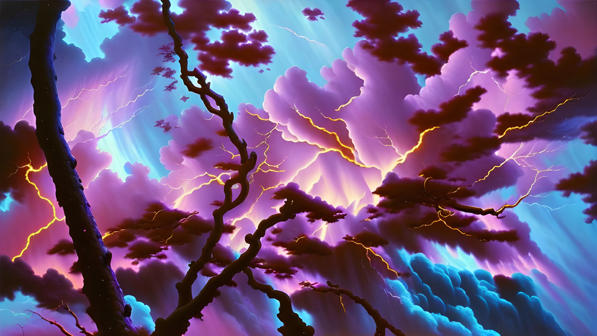 Surreal digital art: stormy sky with lightning and purple clouds seen through silhouetted