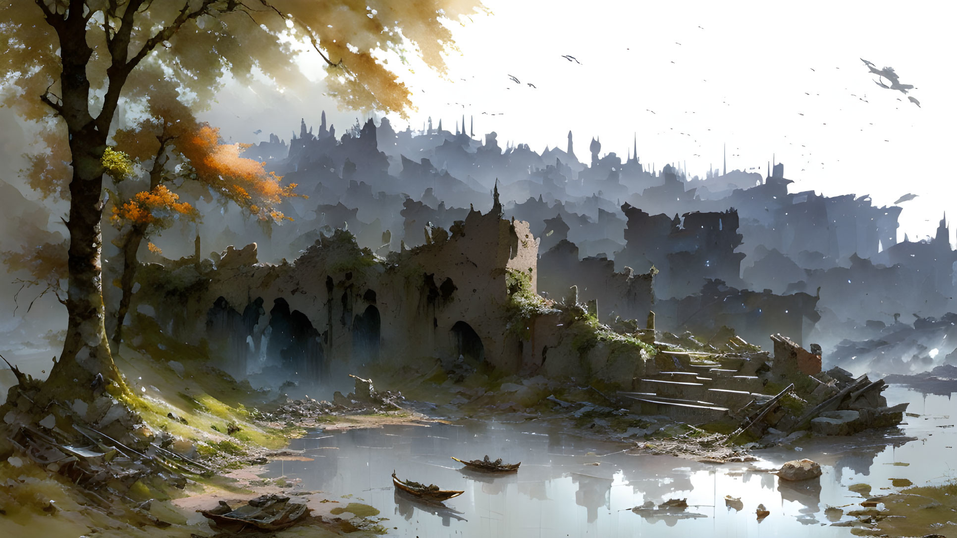 Tranquil fantasy landscape with ancient ruins, lake, birds, city silhouette, autumn trees