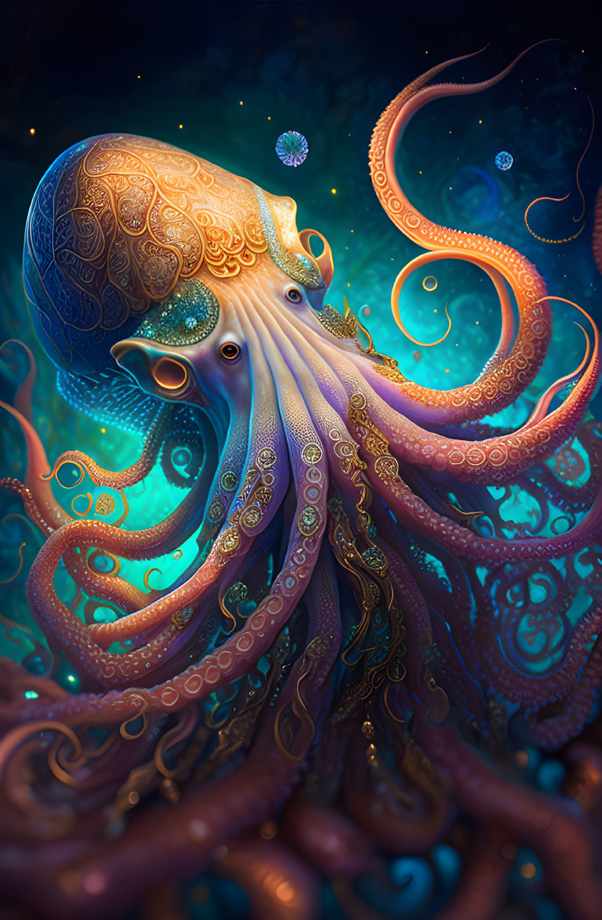 Colorful Octopus Artwork with Intricate Patterns in Deep Sea Setting