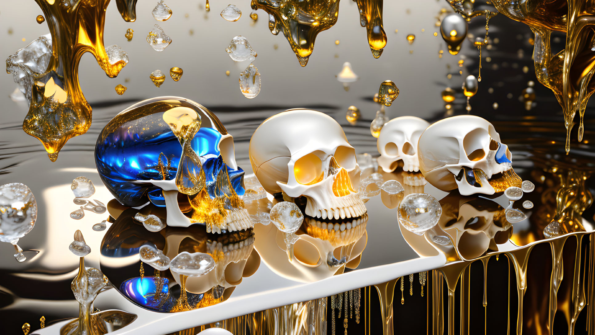 Surreal artwork featuring blue and gold skulls on reflective surface