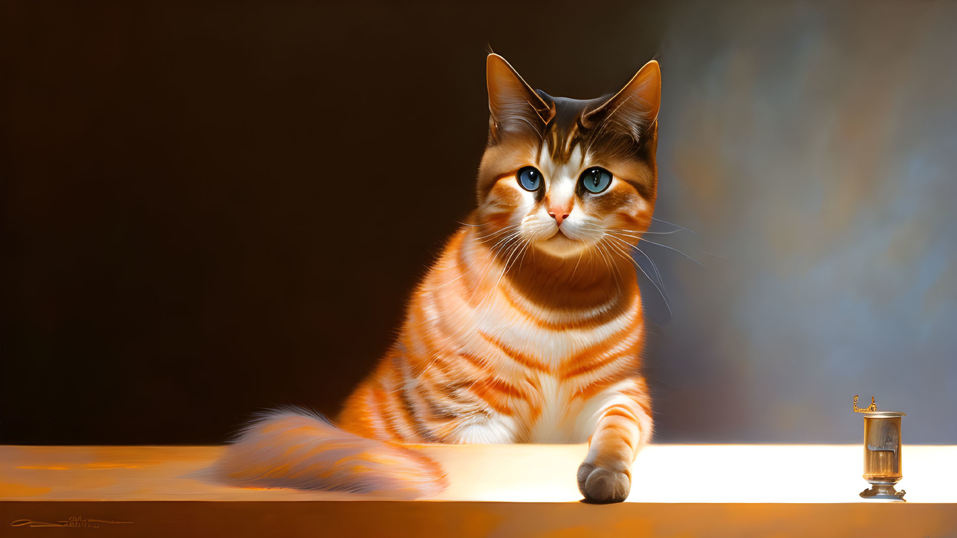 Orange and White Cat with Blue Eyes Next to Lantern on Gradient Background