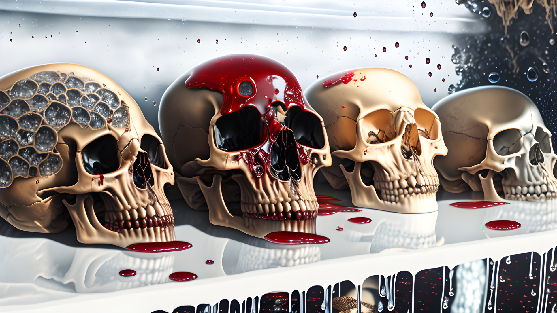 Stylized skulls on reflective surface with red liquid and foam