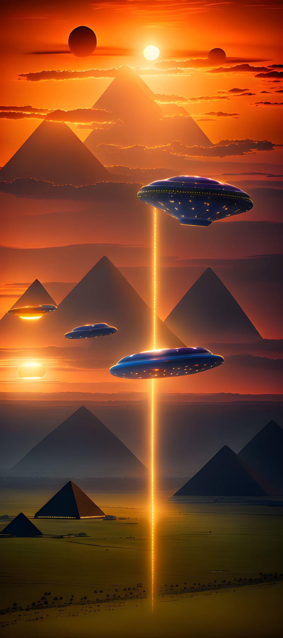 Digital art: 3 UFOs emit light above pyramids at sunset