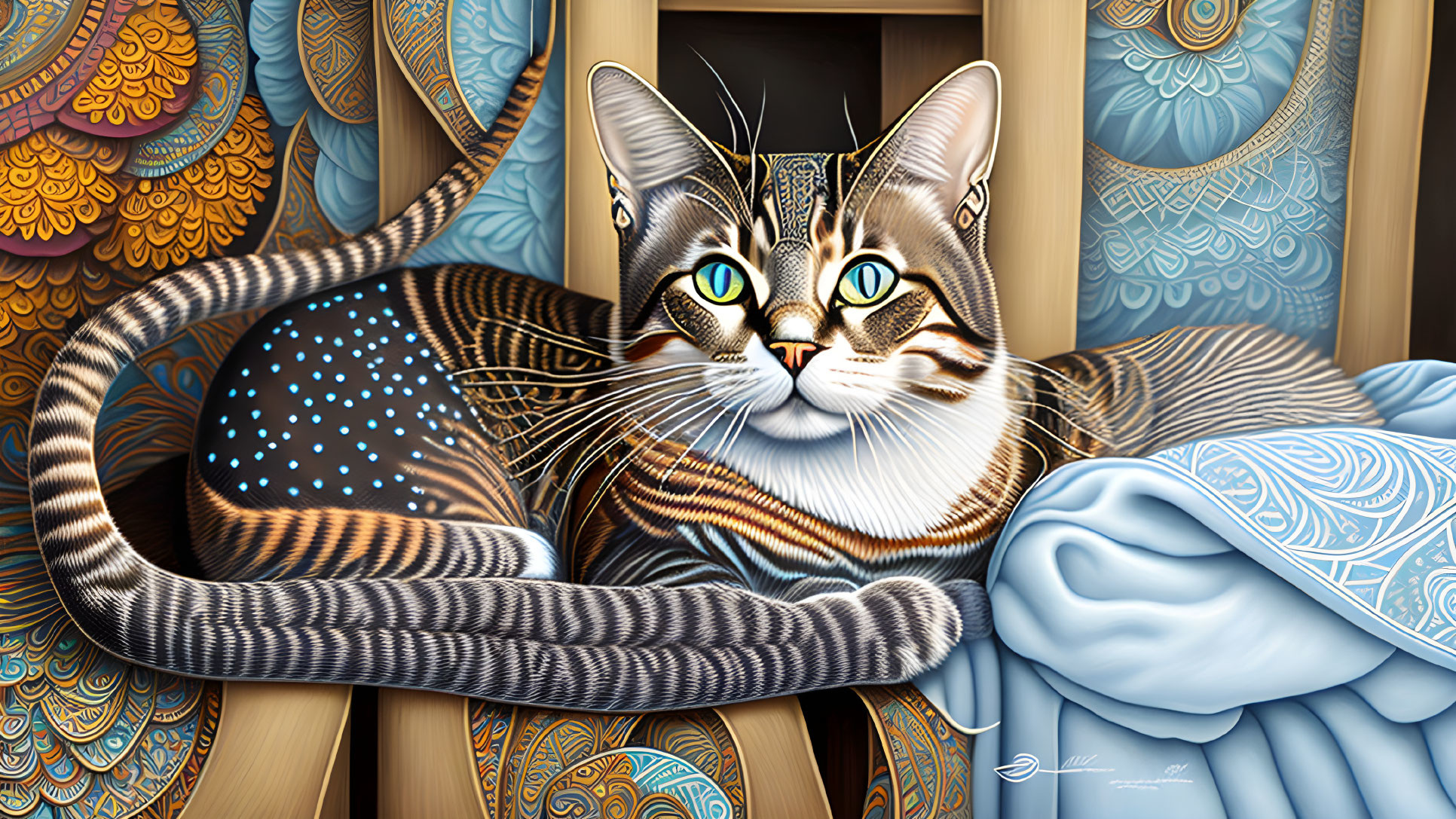 Tabby Cat with Green Eyes on Blue Patterned Blanket