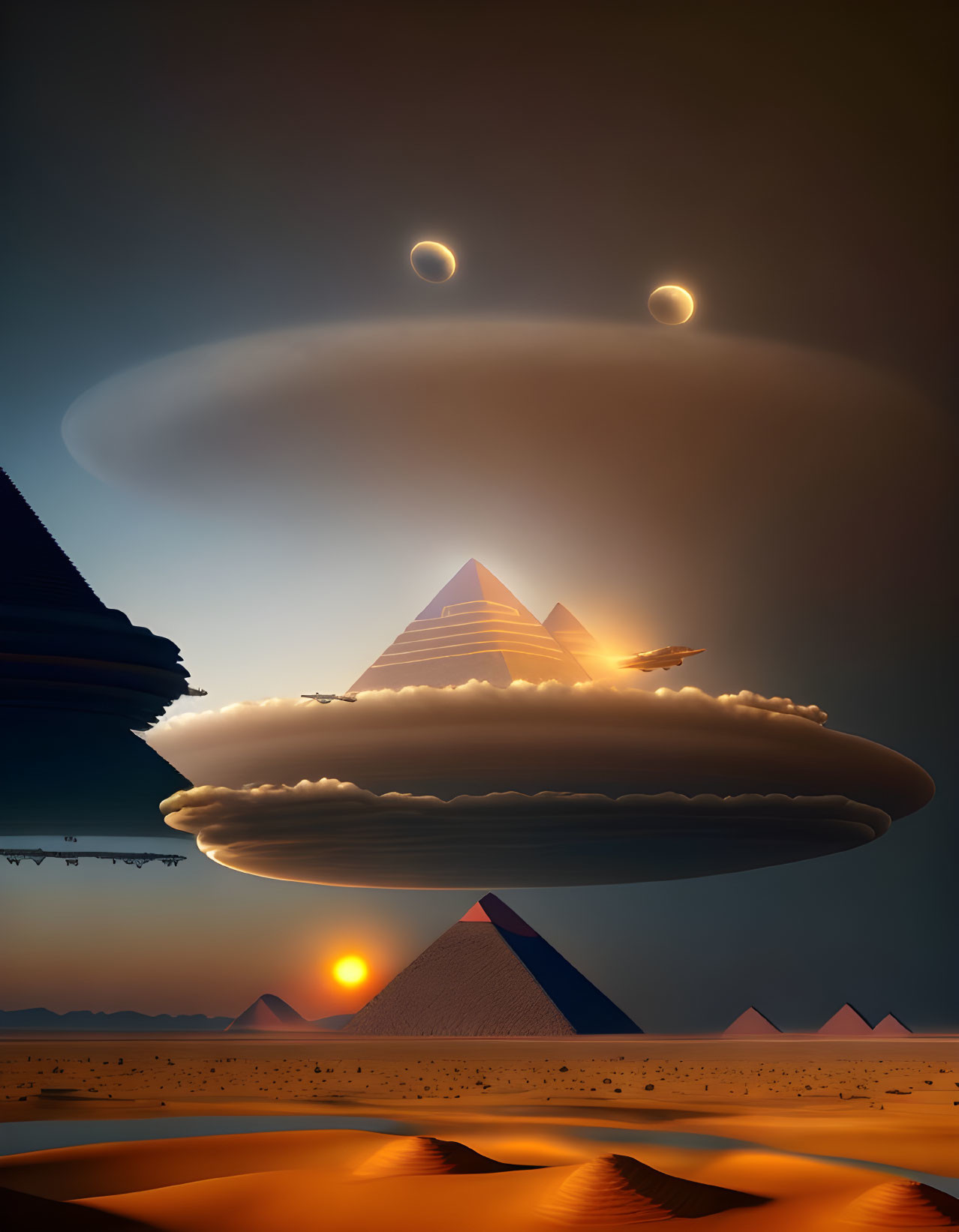 Surreal desert landscape with pyramids and floating UFO-like structure