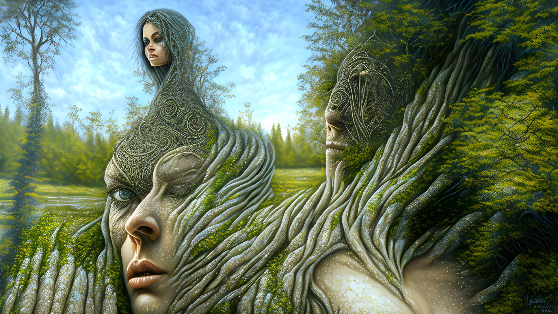 Entwined figures with tree-like textures in serene forest setting