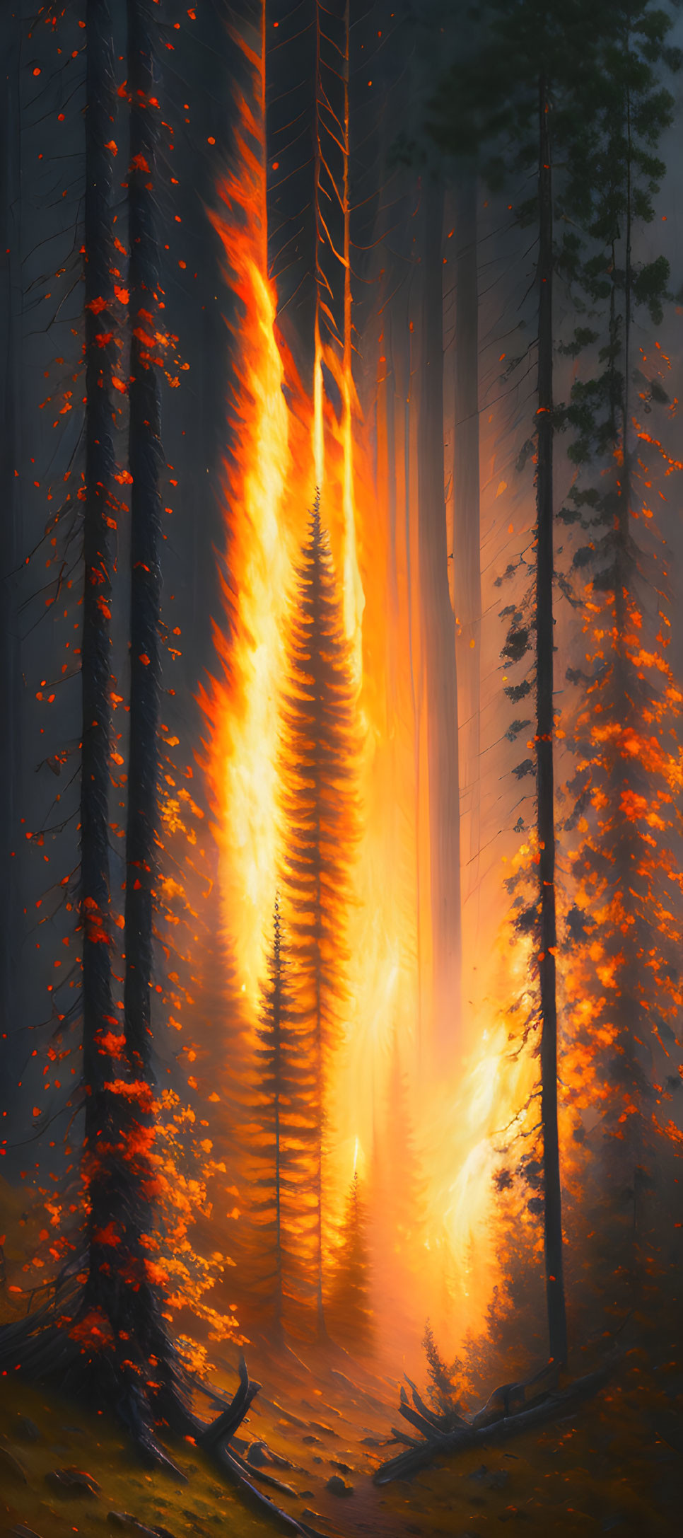 Intense forest fire with bright flames and embers illuminating tall trees.