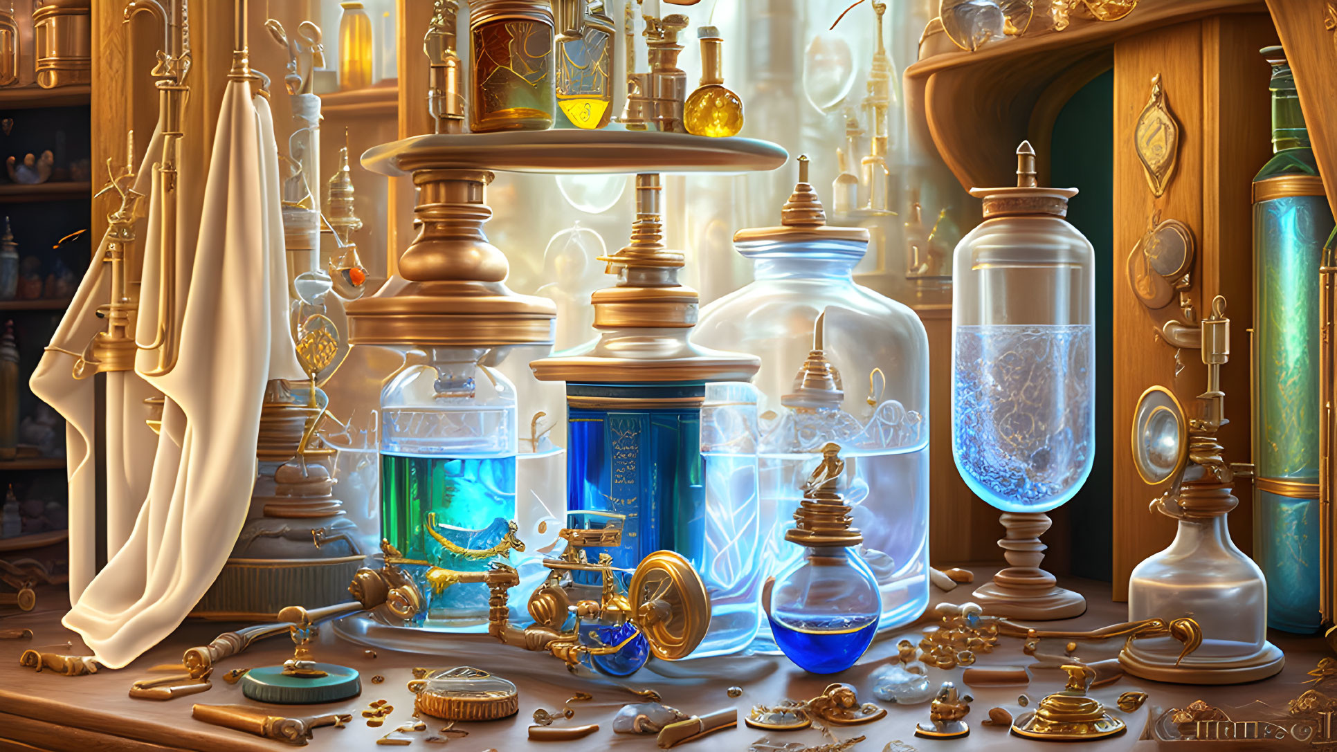 Detailed portrayal of magical laboratory with bubbling potions and arcane devices