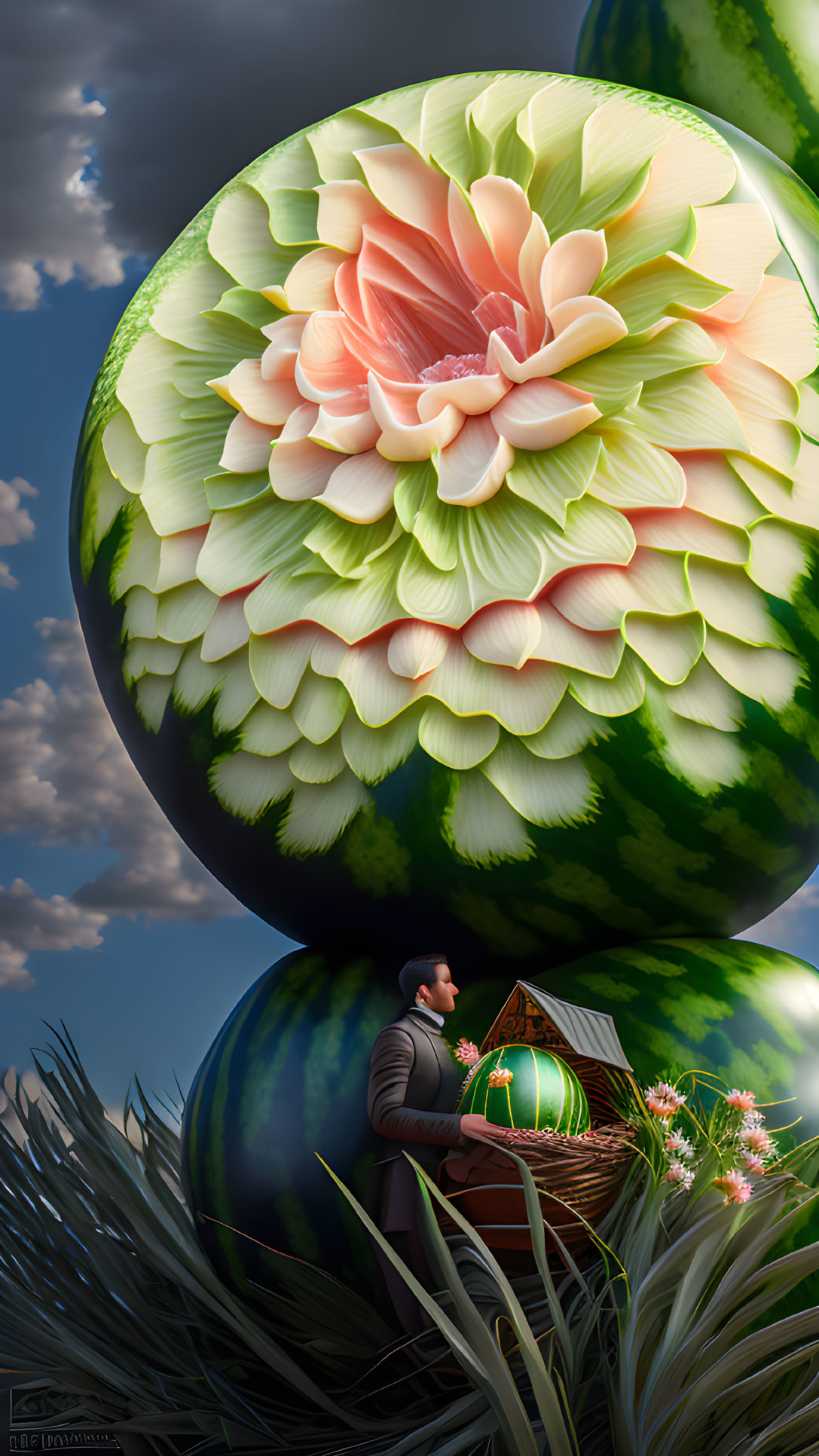 Man in suit with carved watermelons under cloudy sky