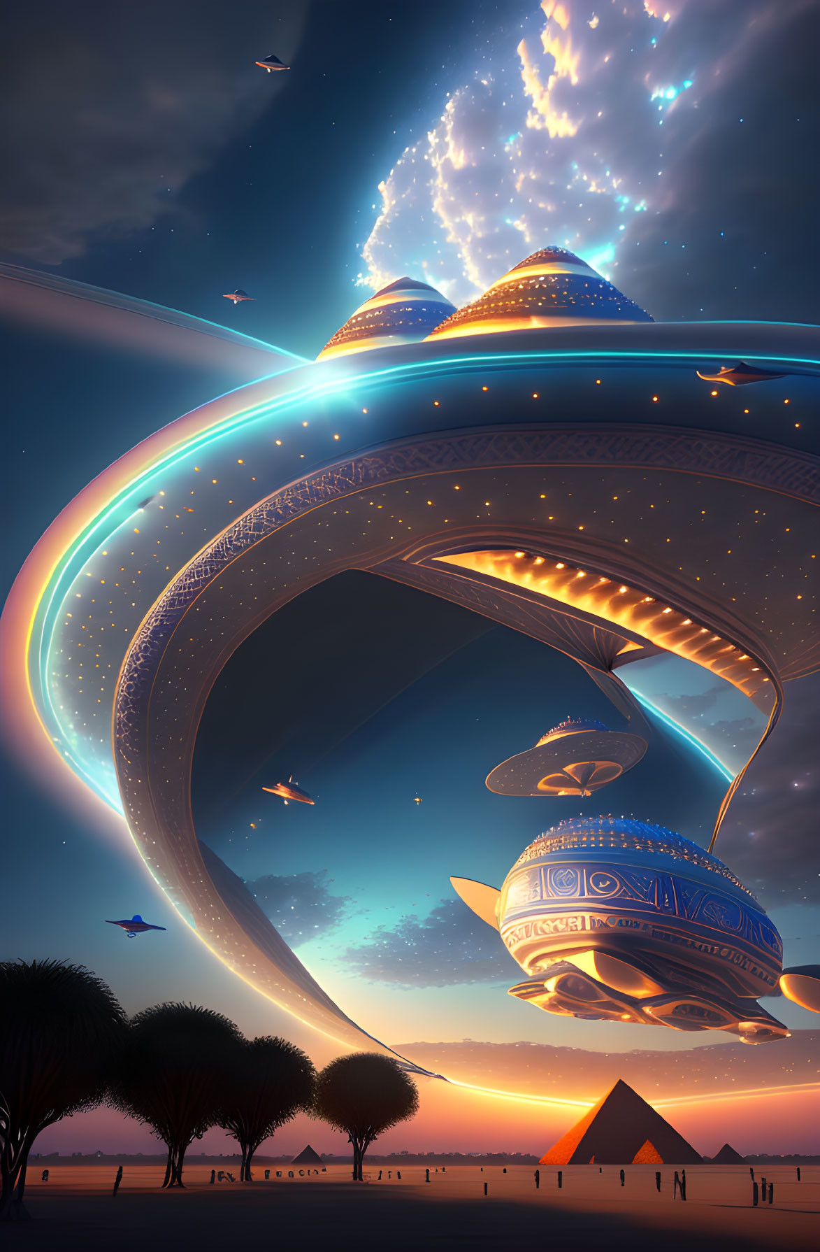 Futuristic flying saucers hover over Egyptian pyramids at twilight