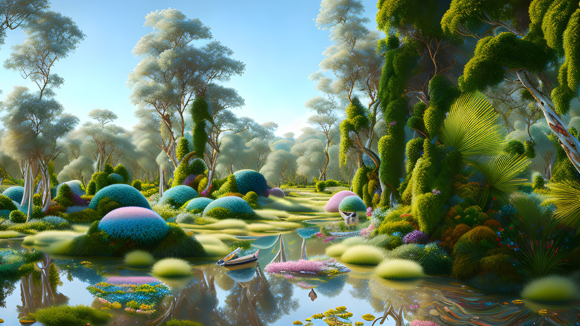 Colorful surreal landscape with fluffy vegetation and reflective waterways