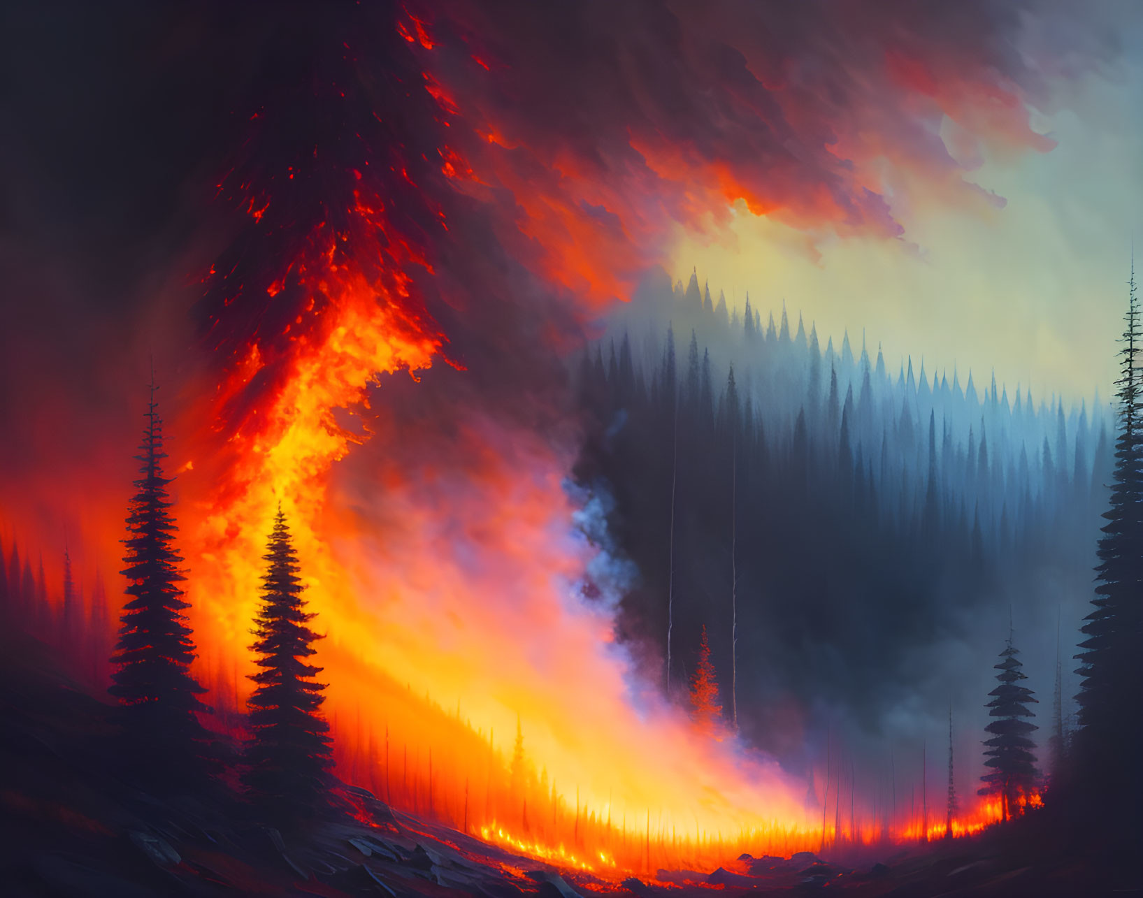 Illustration of forest fire with blazing trees under smoky sky