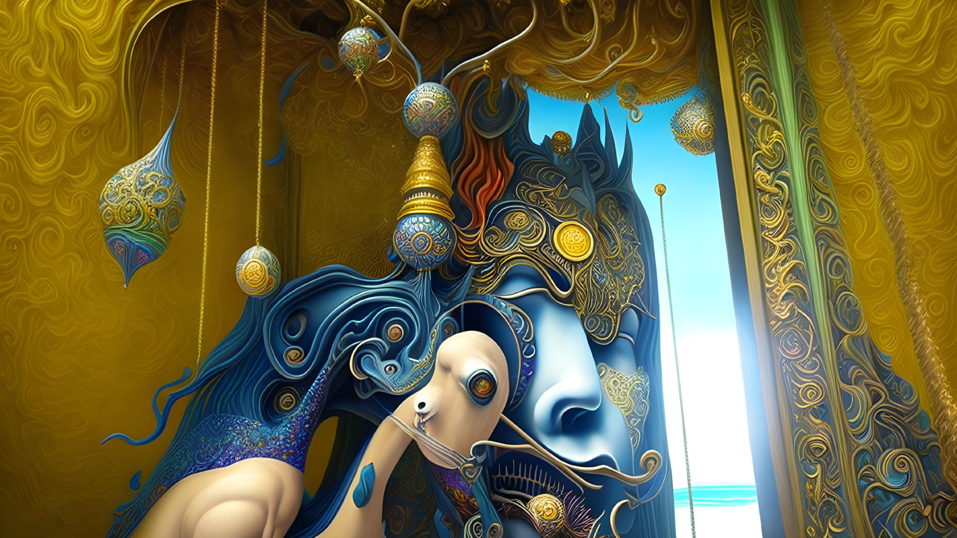 Vibrant surreal artwork of golden environment with blue figure