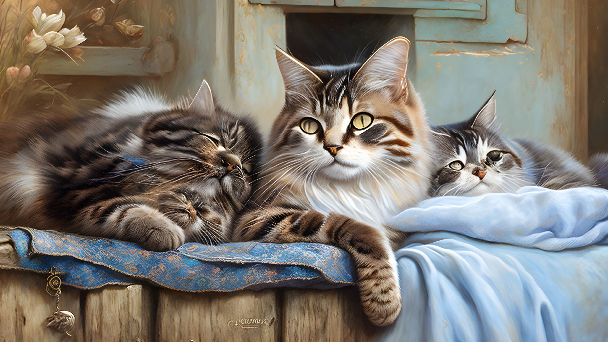 Three Fluffy Cats Lounging by Wooden Ledge and Blue Door