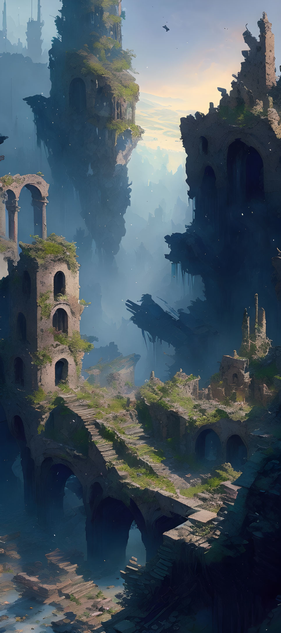 Ethereal landscape with ancient ruins, bridge, and spacecraft