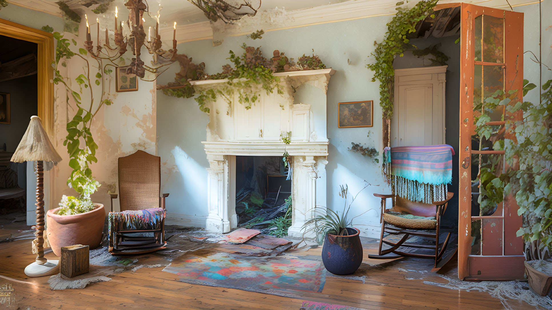 Rustic room with fireplace, vintage rocking chair, painter's ladder, and bohemian rug