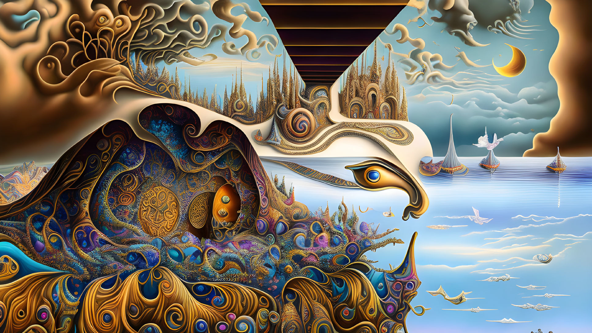 Surreal landscape with rabbit-like creature, intricate patterns, pine forest, boats, and multiple moons