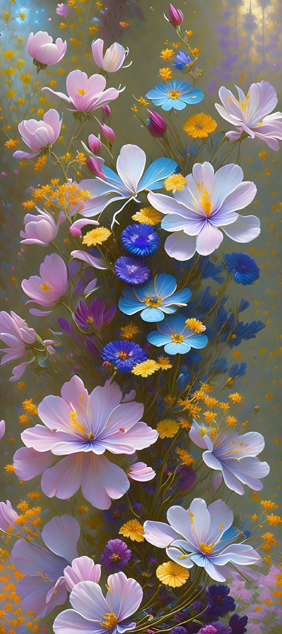 Colorful digital painting of pink, blue, and yellow wildflowers in misty setting