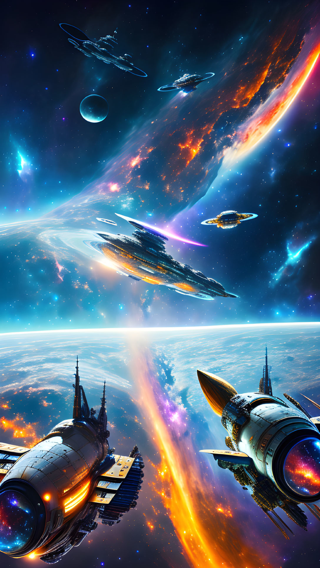 Futuristic space scene with vibrant ships and celestial elements