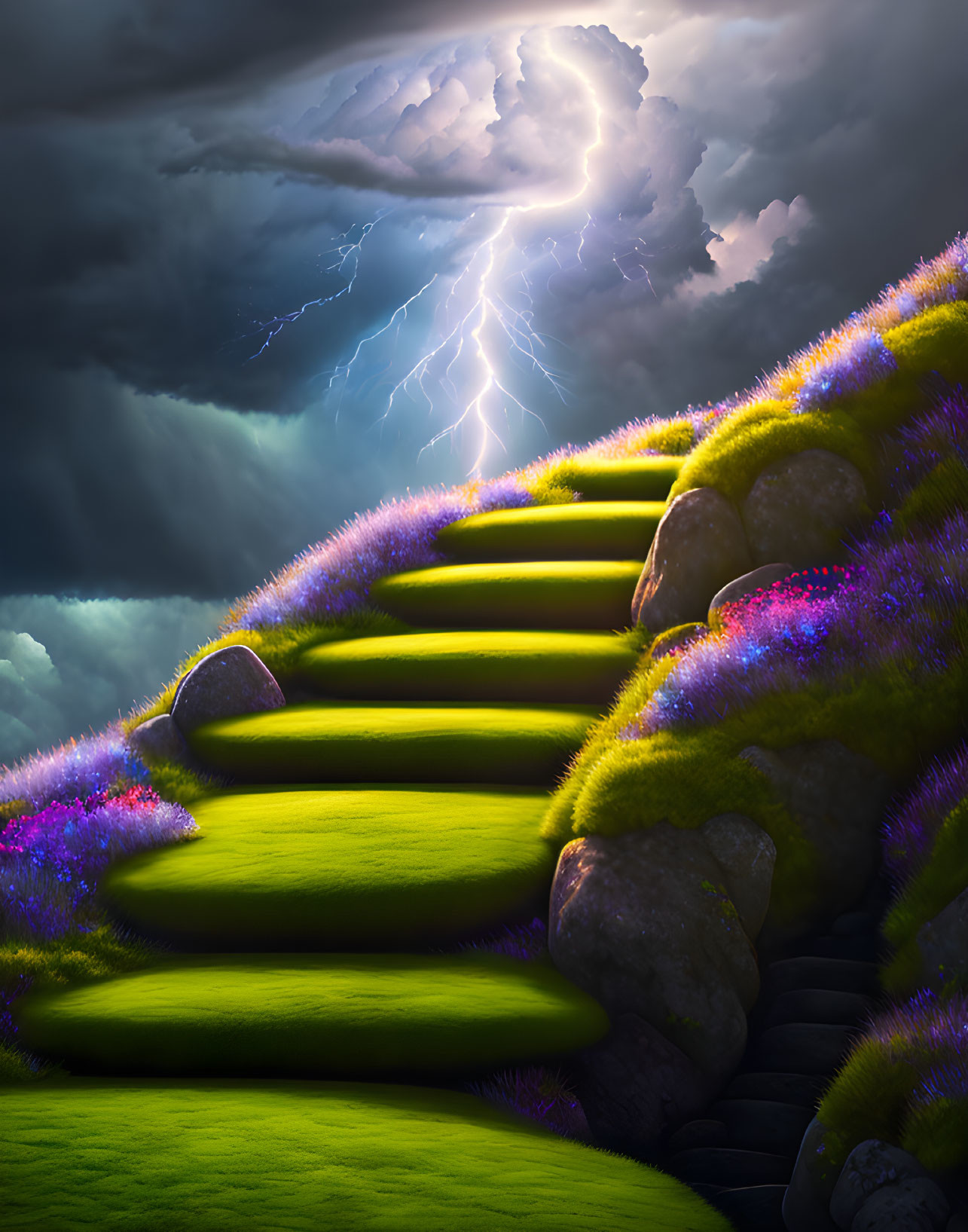 Mystical stairway with vibrant green grass and purple flowers under stormy sky